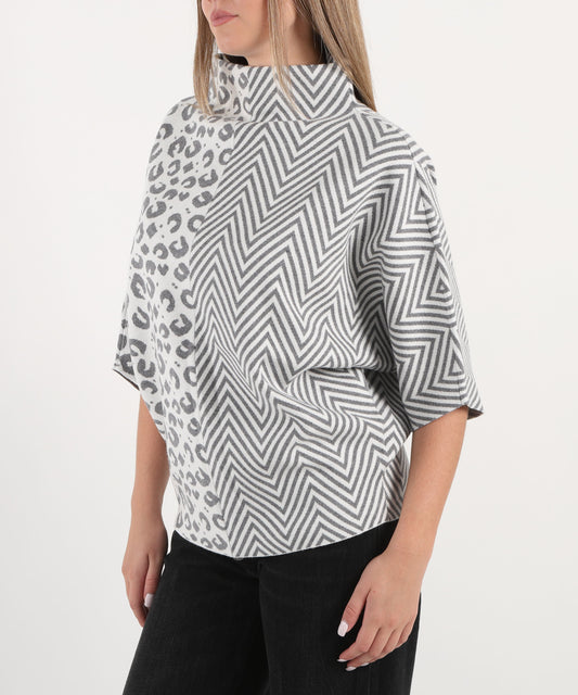 RIBKOFF Pullover a Collo Alto con Stampa Leopardata e Chevron