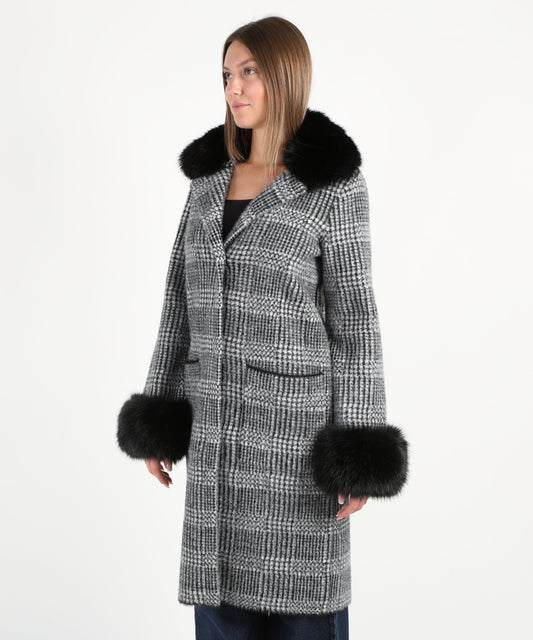 RIBKOFF Cappotto Jacquard a quadri in filato di piume con finiture in pelliccia sintetica
