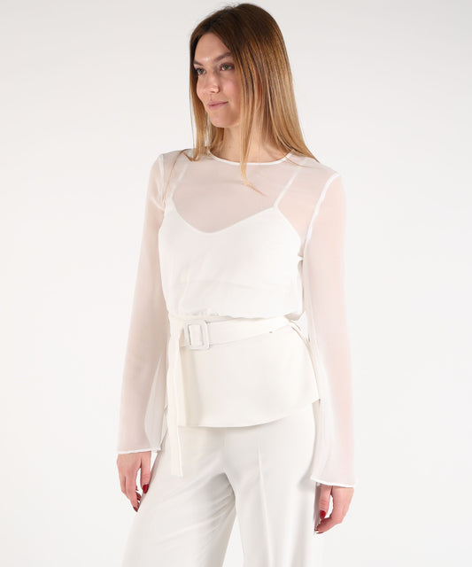 Bluse P.A.R.O.S.H. Blusa Donna Effetto Velato con Top Integrato e Cintura Panna | P.A.R.O.S.H. Bluse P.A.R.O.S.H. Blusa Donna Effetto Velato con Top Integrato e Cintura Panna | P.A.R.O.S.H.