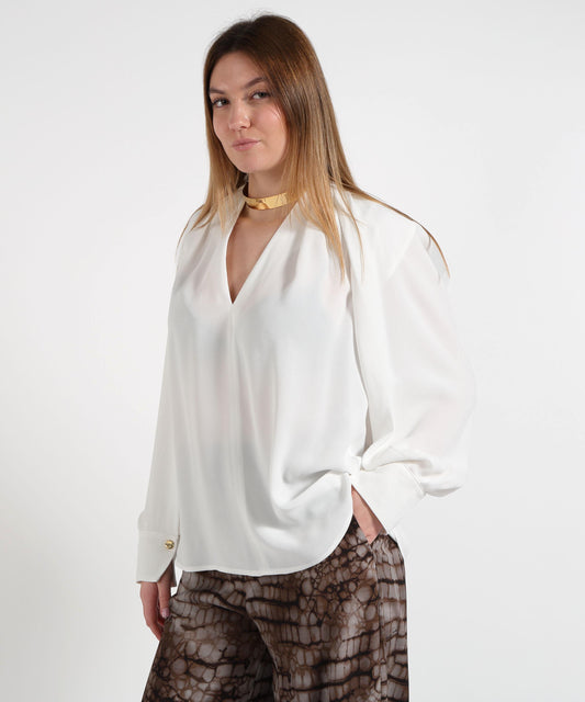 Camicie ELISABETTA FRANCHI Blusa in georgette di viscosa con dettaglio gioiello Avorio | ELISABETTA FRANCHI Camicie ELISABETTA FRANCHI Blusa in georgette di viscosa con dettaglio gioiello Avorio | ELISABETTA FRANCHI