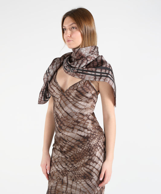 ELISABETTA FRANCHI Silk Twill Scarf with Alligator Print