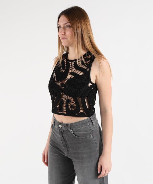 Tops PINKO Sleeveless Top with Geometric Crochet Nero | PINKO Tops PINKO Sleeveless Top with Geometric Crochet Nero | PINKO