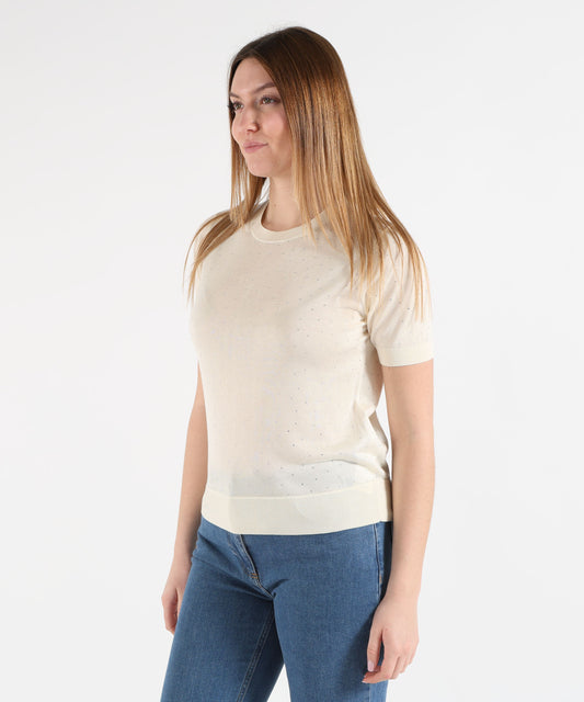 Knitwear SEVENTY Silk-Blend Viscose Crew Neck Short-Sleeve Top Panna | SEVENTY Knitwear SEVENTY Silk-Blend Viscose Crew Neck Short-Sleeve Top Panna | SEVENTY