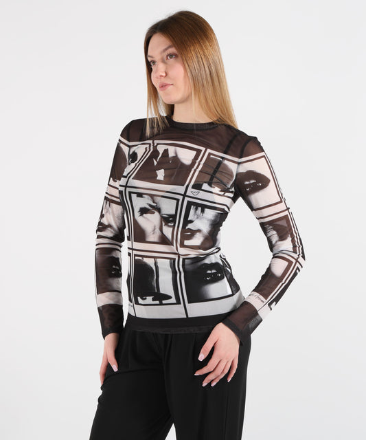 Knitwear EMPORIO ARMANI Mesh Top with All-Over Photographic Print Nero/bianco | EMPORIO ARMANI Knitwear EMPORIO ARMANI Mesh Top with All-Over Photographic Print Nero/bianco | EMPORIO ARMANI