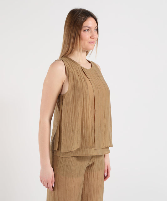 Tops SEVENTY Sleeveless top in crinkled solid voile Kaki | SEVENTY Tops SEVENTY Sleeveless top in crinkled solid voile Kaki | SEVENTY