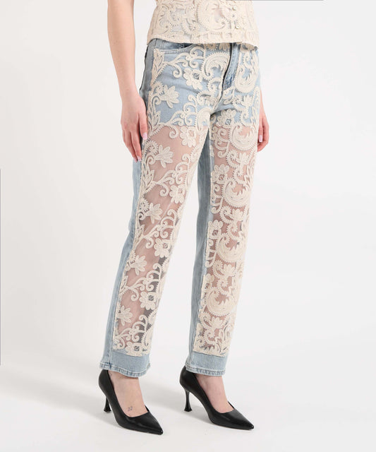 Jeans Amosa Jeans Donna Dritto con Inserto in Tulle Ricamato Denim chiaro | Amosa Jeans Amosa Jeans Donna Dritto con Inserto in Tulle Ricamato Denim chiaro | Amosa