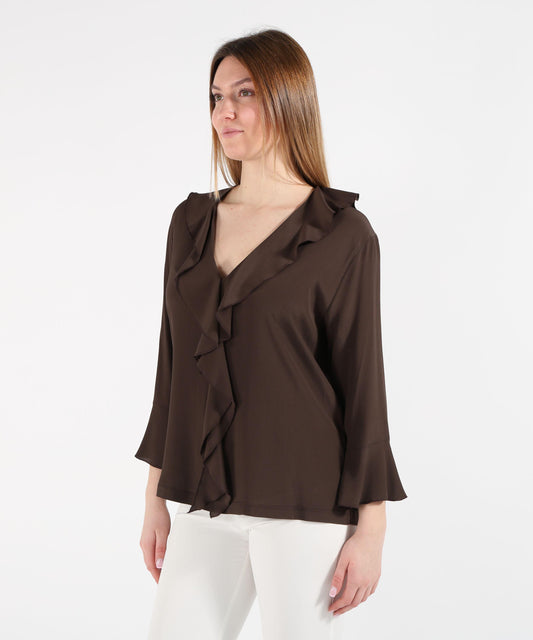 T-shirt SEVENTY Blusa Donna con Scollo a V e Ruches Marrone | SEVENTY T-shirt SEVENTY Blusa Donna con Scollo a V e Ruches Marrone | SEVENTY