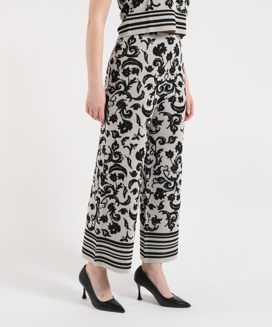 Trousers LIUJO WHITE Floral Print Cropped Knit Pants Argento/nero | LIUJO WHITE Trousers LIUJO WHITE Floral Print Cropped Knit Pants Argento/nero | LIUJO WHITE