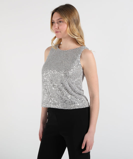 Top VOLPATO Canotta Girocollo con Paillettes Argento | VOLPATO Top VOLPATO Canotta Girocollo con Paillettes Argento | VOLPATO