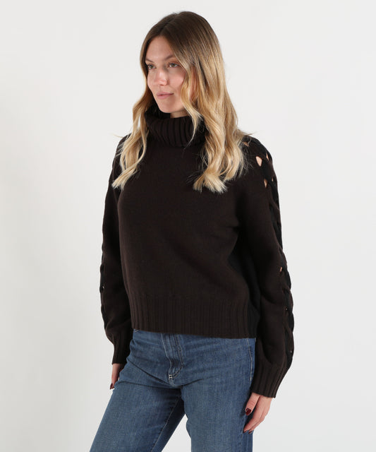 Maglie D.EXTERIOR Maglione Donna Bicolor a Collo Alto con Lavorazione Traforata e Intrecci Marrone/nero | D.EXTERIOR Maglie D.EXTERIOR Maglione Donna Bicolor a Collo Alto con Lavorazione Traforata e Intrecci Marrone/nero | D.EXTERIOR