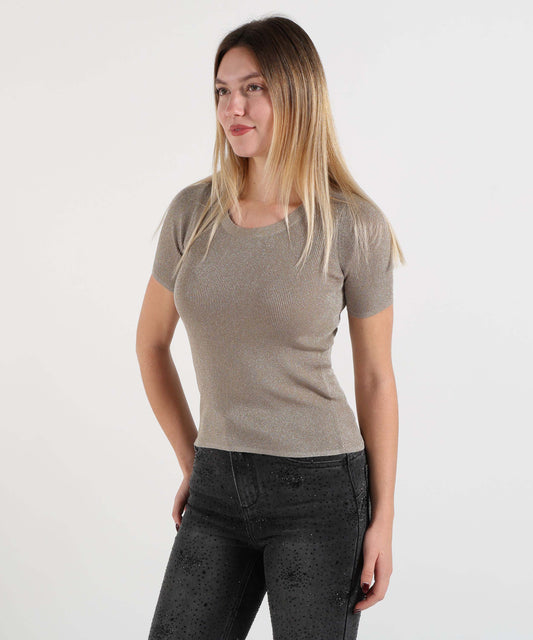 T-shirt MAX MARA studio Maglia Donna Basic in Lurex a Costine con Scollo Tondo Champagne | MAX MARA studio T-shirt MAX MARA studio Maglia Donna Basic in Lurex a Costine con Scollo Tondo Champagne | MAX MARA studio