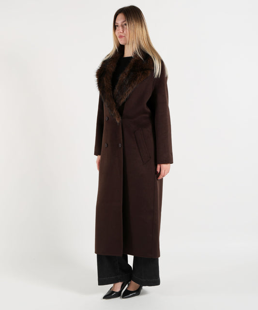 Coats KAOS Women's Long Brown Double-Breasted Coat with Fur Collar Marrone | KAOS Coats KAOS Women's Long Brown Double-Breasted Coat with Fur Collar Marrone | KAOS