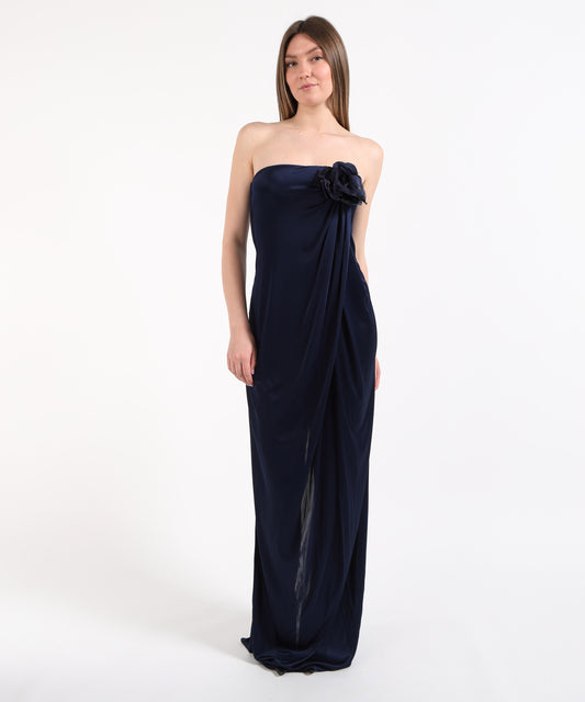ELISABETTA FRANCHI Abito Red Carpet in jersey lucido con fiore ricamato