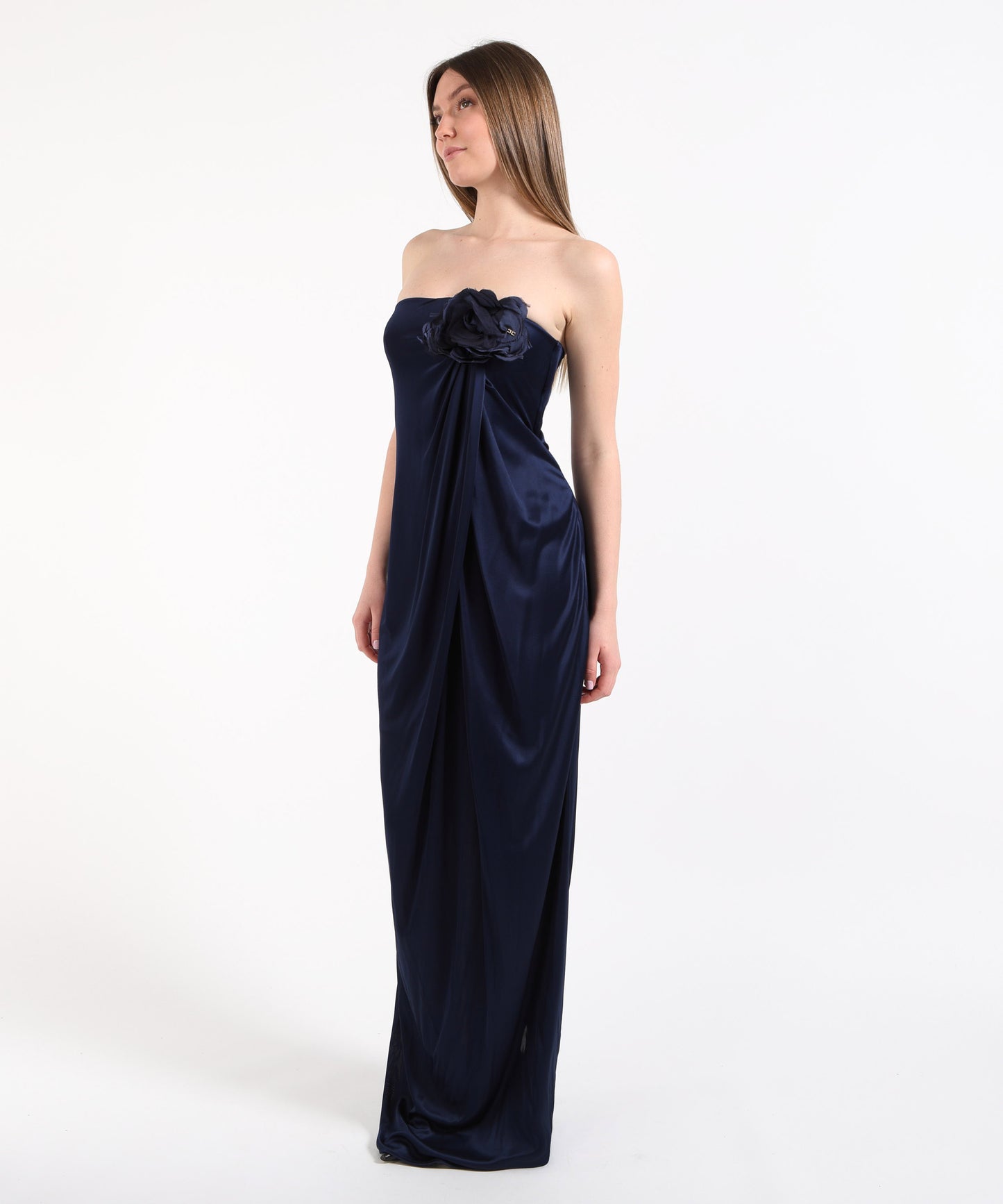 ELISABETTA FRANCHI Abito Red Carpet in jersey lucido con fiore ricamato