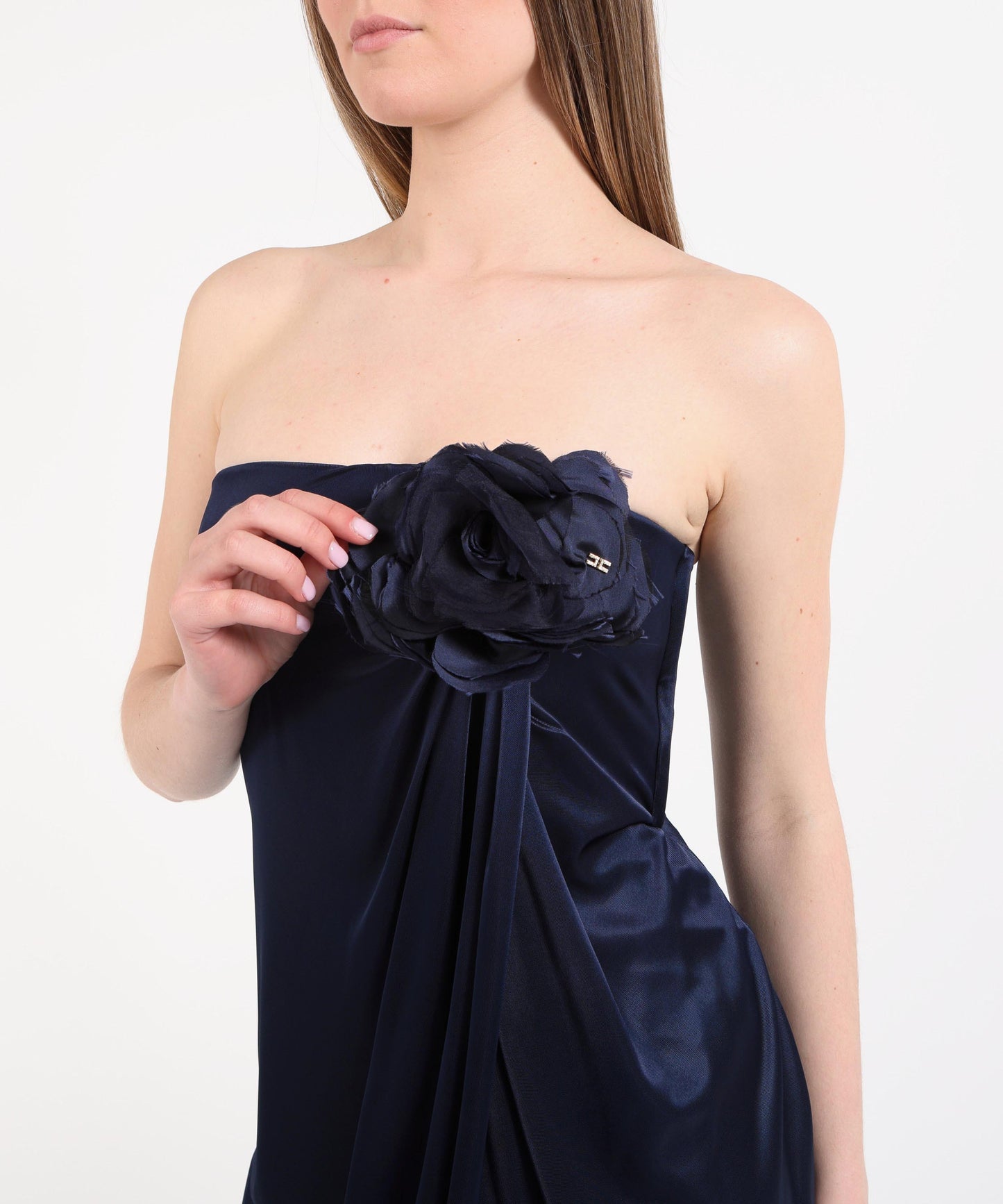 ELISABETTA FRANCHI Abito Red Carpet in jersey lucido con fiore ricamato
