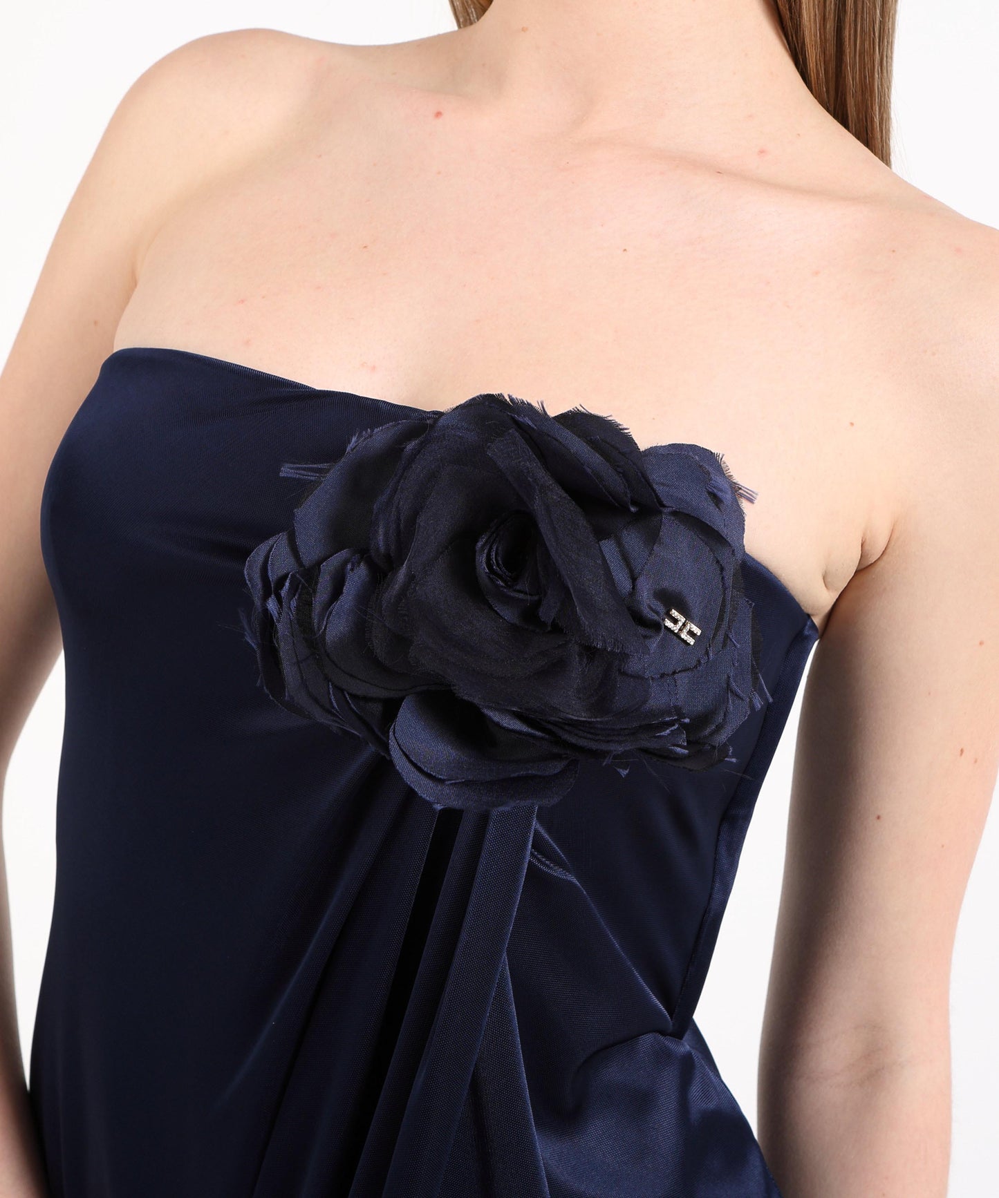 ELISABETTA FRANCHI Abito Red Carpet in jersey lucido con fiore ricamato