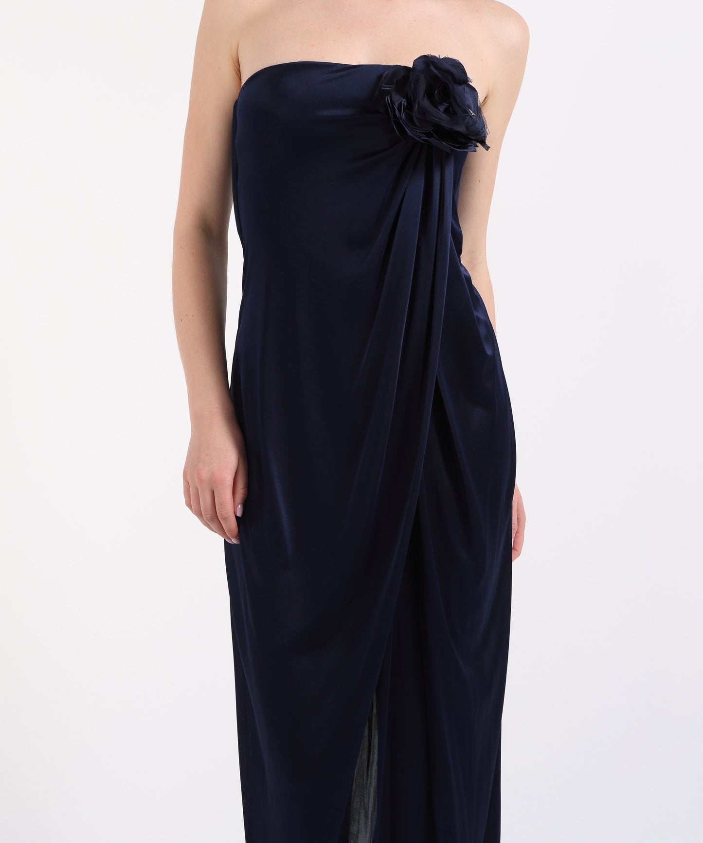 ELISABETTA FRANCHI Abito Red Carpet in jersey lucido con fiore ricamato