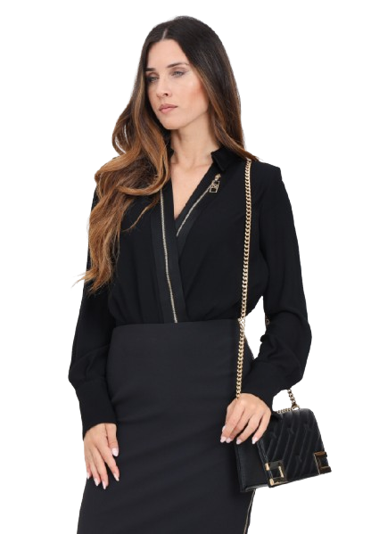 ELISABETTA FRANCHI Body nero da donna in doppia georgette con maniche lunghe e alti polsi in raso
