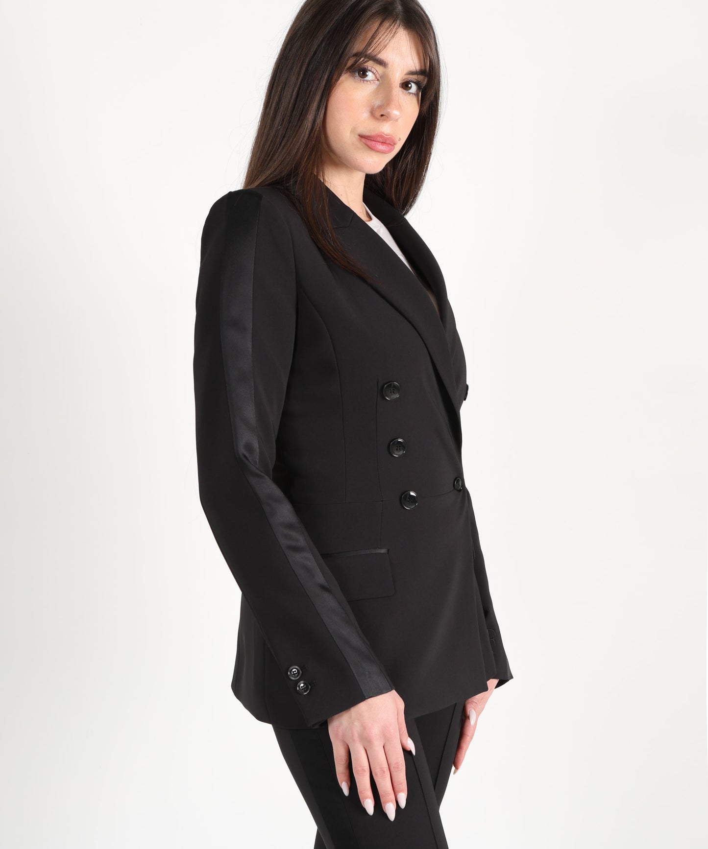 ELISABETTA FRANCHI Tailleur doppiopetto in crêpe con bande in raso