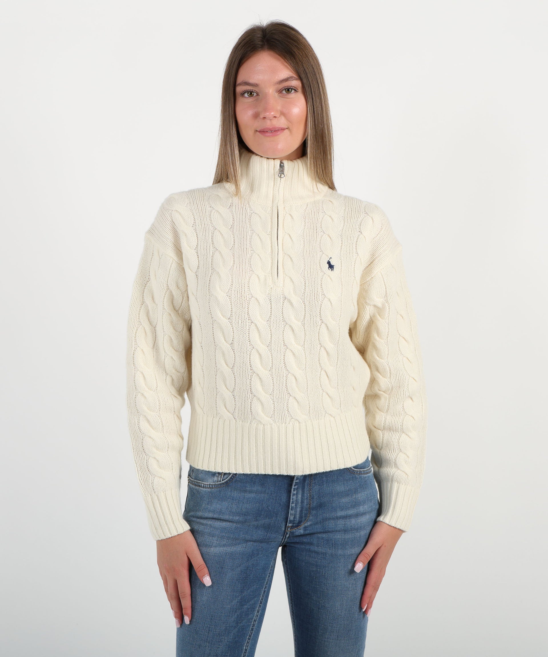 POLO RALPH LAUREN Pullover a treccia mezzo zip