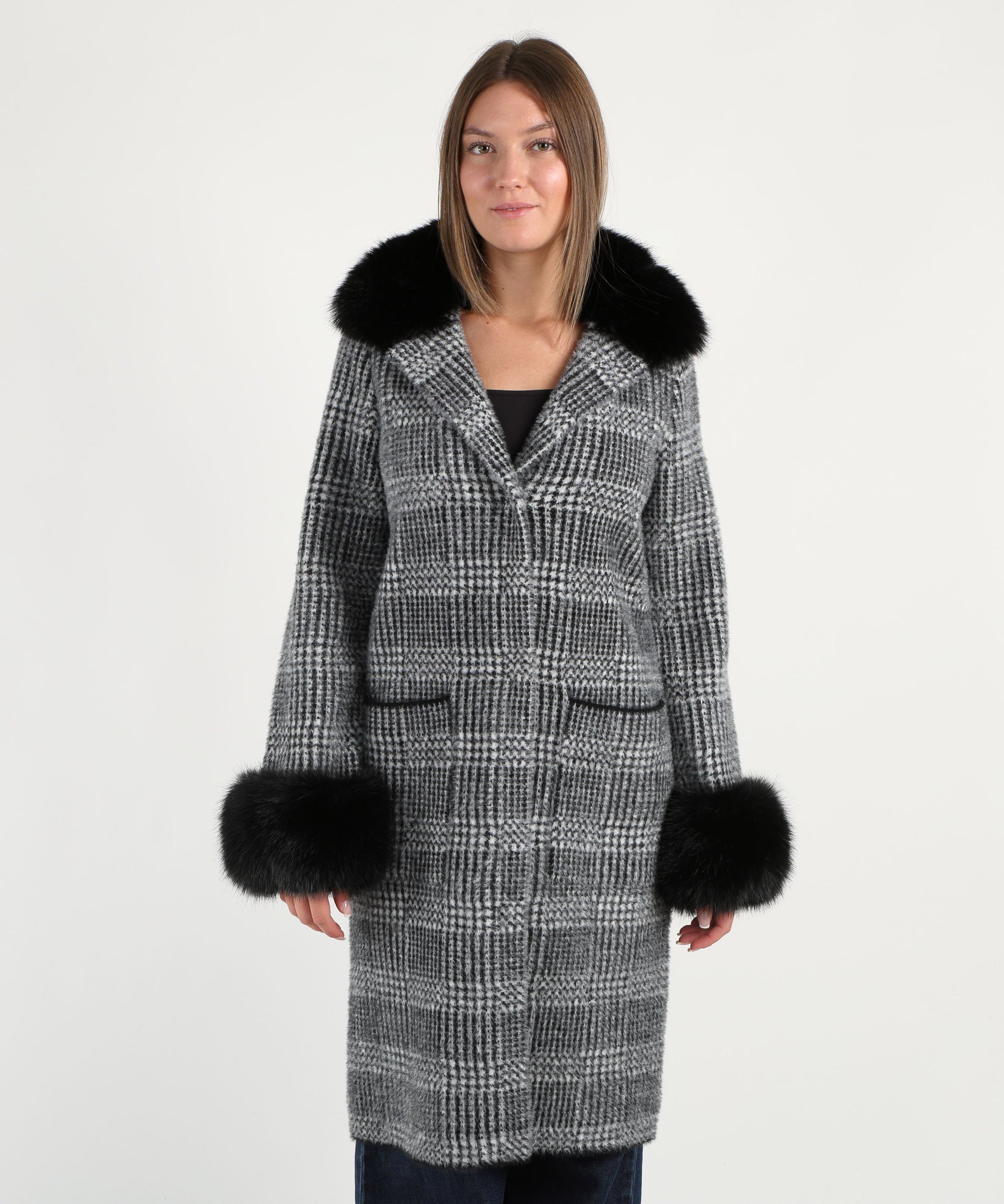 RIBKOFF Cappotto Jacquard a quadri in filato di piume con finiture in pelliccia sintetica
