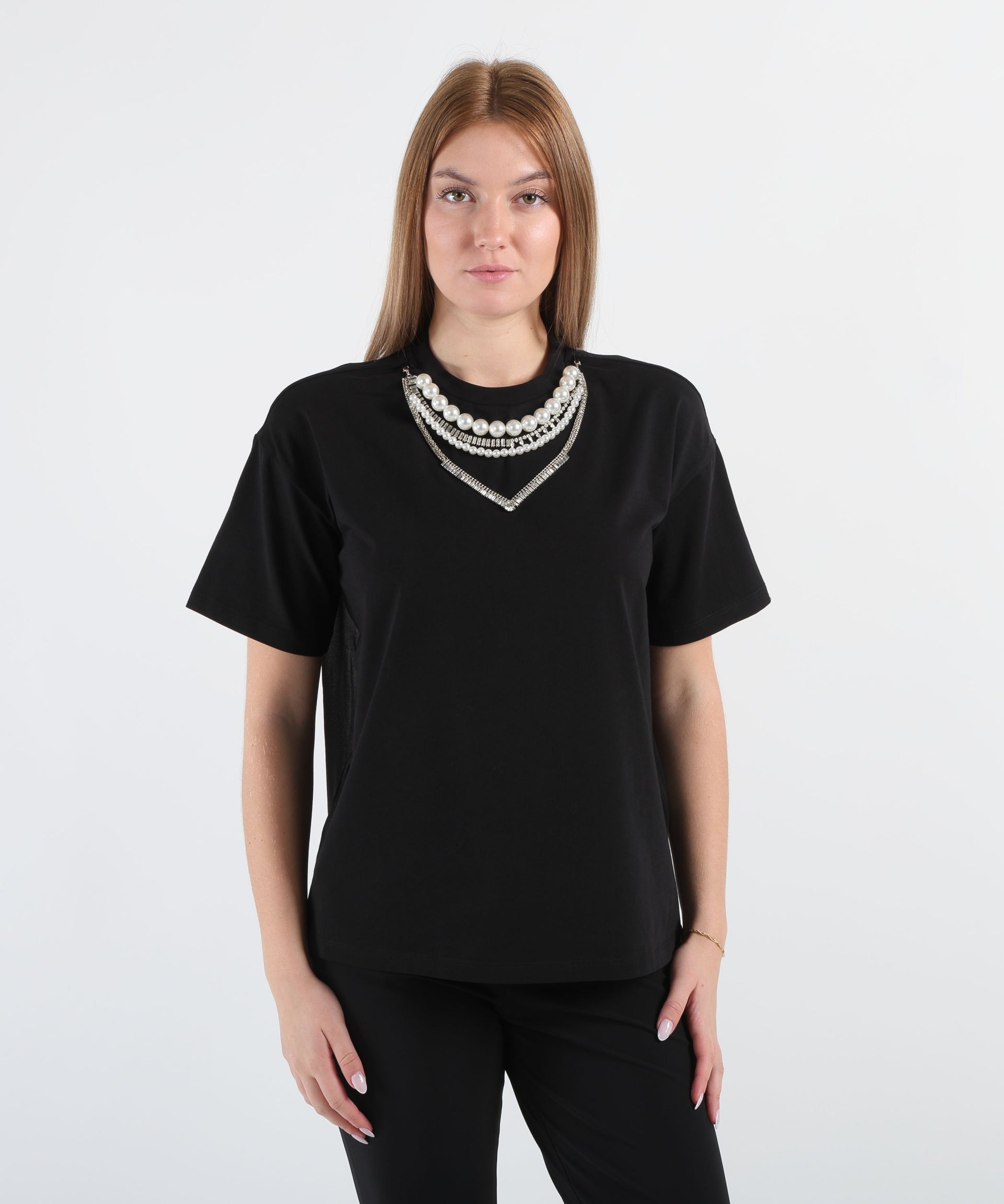 LIUJO BLACK T-shirt con perle e strass