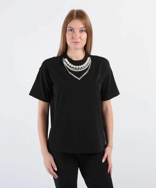 LIUJO BLACK T-shirt con perle e strass