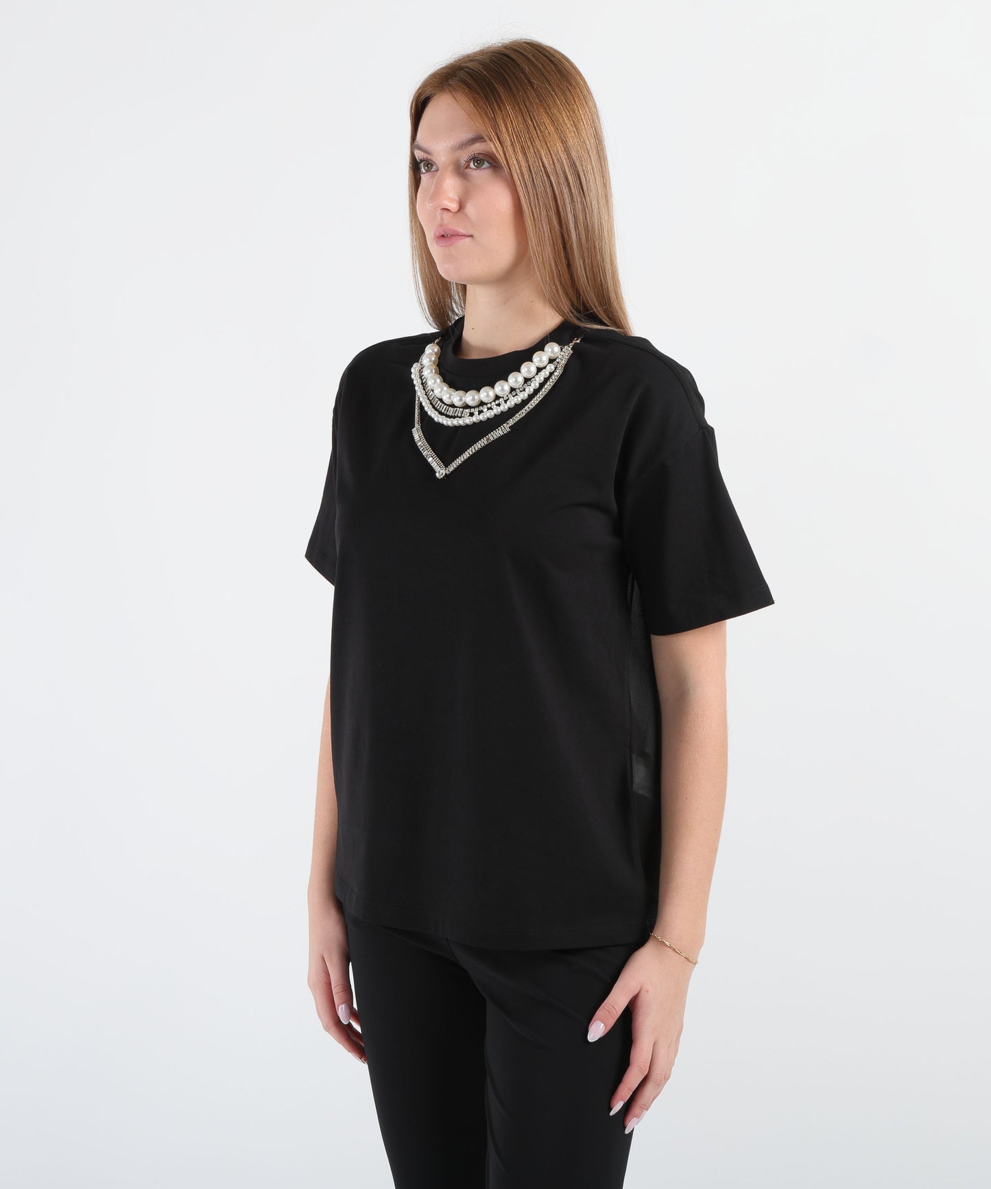 LIUJO BLACK T-shirt con perle e strass