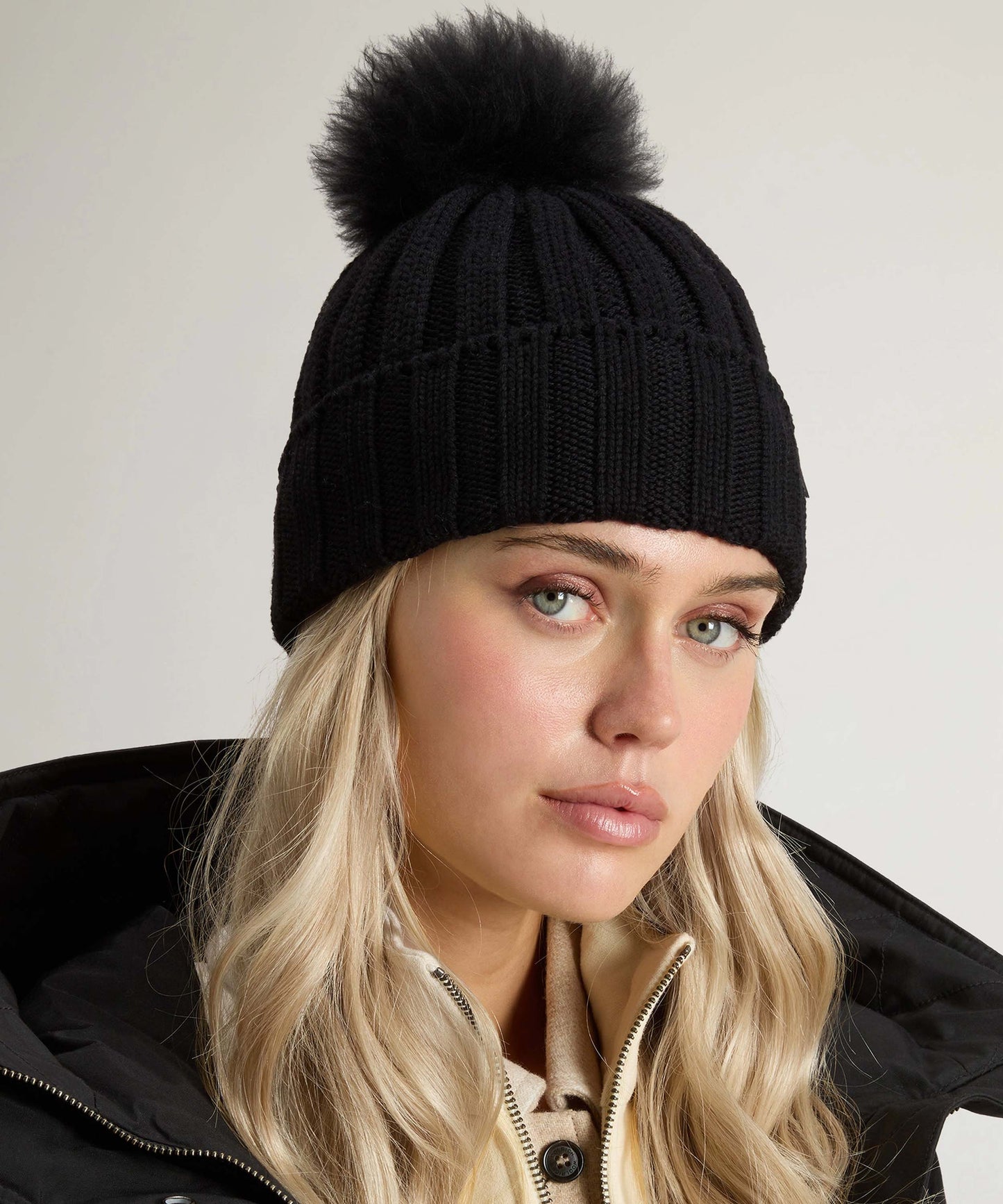 WOOLRICH Knitted Beanie with Logo and Pompom