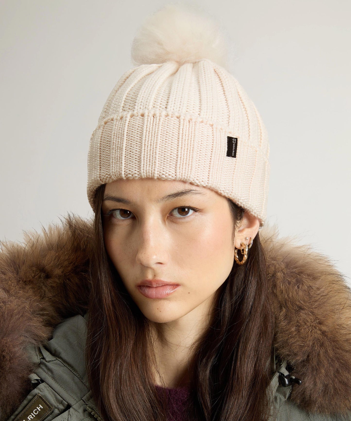WOOLRICH Knitted Beanie with Logo and Pompom