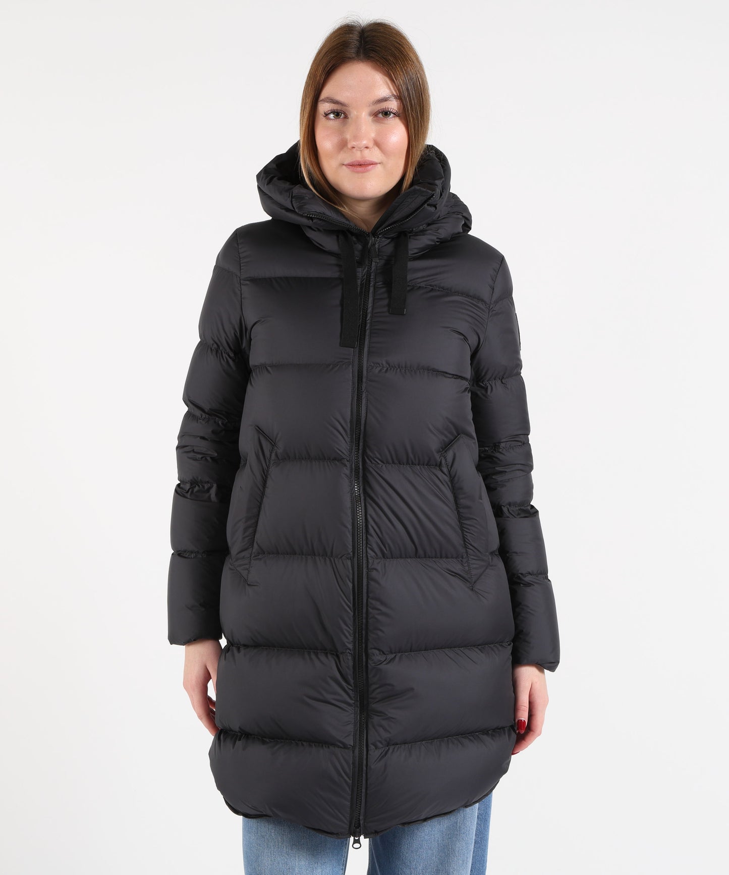 BOMBOOGIE Women’s Long Regular-Fit Down Jacket in Waterproof Technical Fabric with Hood