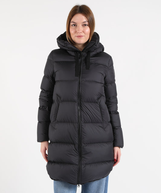 BOMBOOGIE Women’s Long Regular-Fit Down Jacket in Waterproof Technical Fabric with Hood