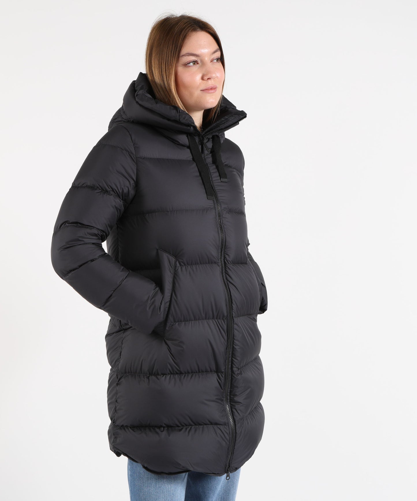BOMBOOGIE Women’s Long Regular-Fit Down Jacket in Waterproof Technical Fabric with Hood