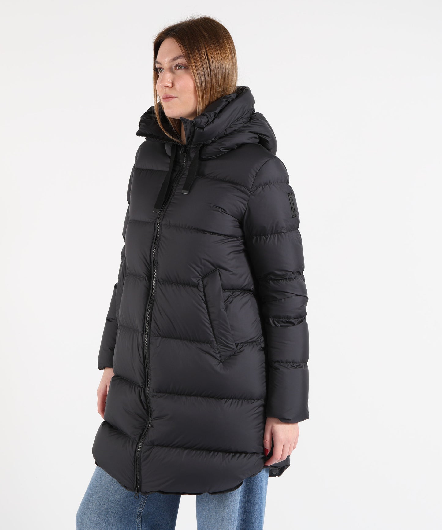 BOMBOOGIE Women’s Long Regular-Fit Down Jacket in Waterproof Technical Fabric with Hood