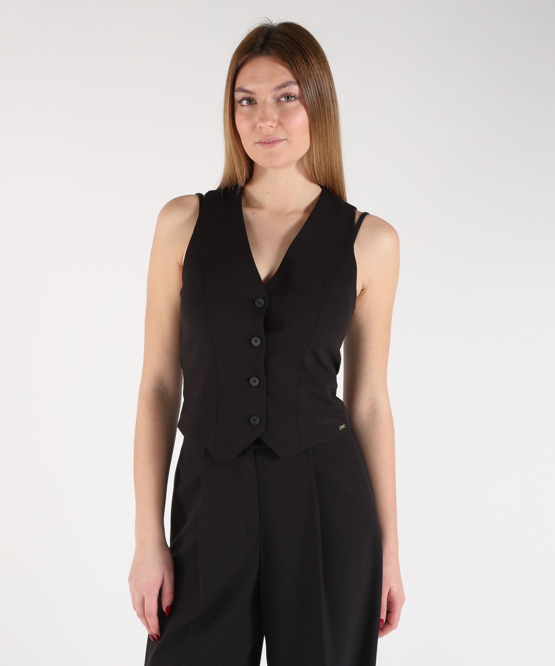 KAOS Gilet Donna in Misto Viscosa Stretch con Bottoni Logati e Logo Dorato