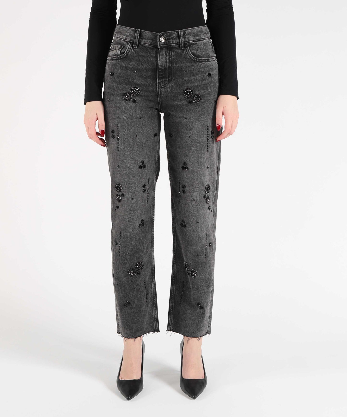 LIUJO denim Women’s Cropped Cotton Denim Jeans with Applied Rhinestones – Used Wash