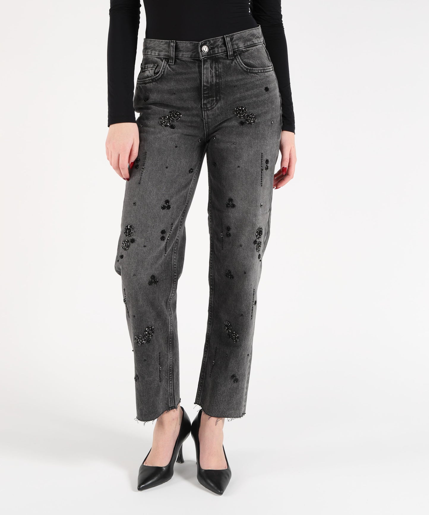 LIUJO denim Women’s Cropped Cotton Denim Jeans with Applied Rhinestones – Used Wash