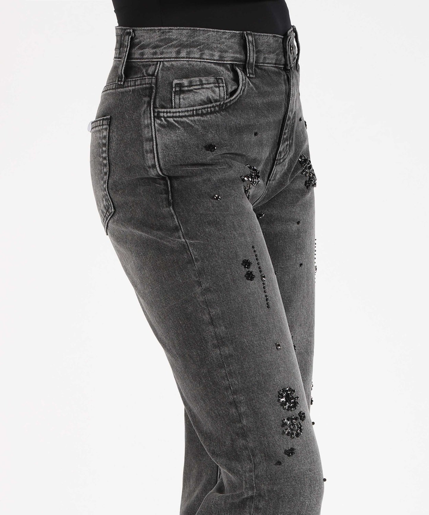 LIUJO denim Women’s Cropped Cotton Denim Jeans with Applied Rhinestones – Used Wash