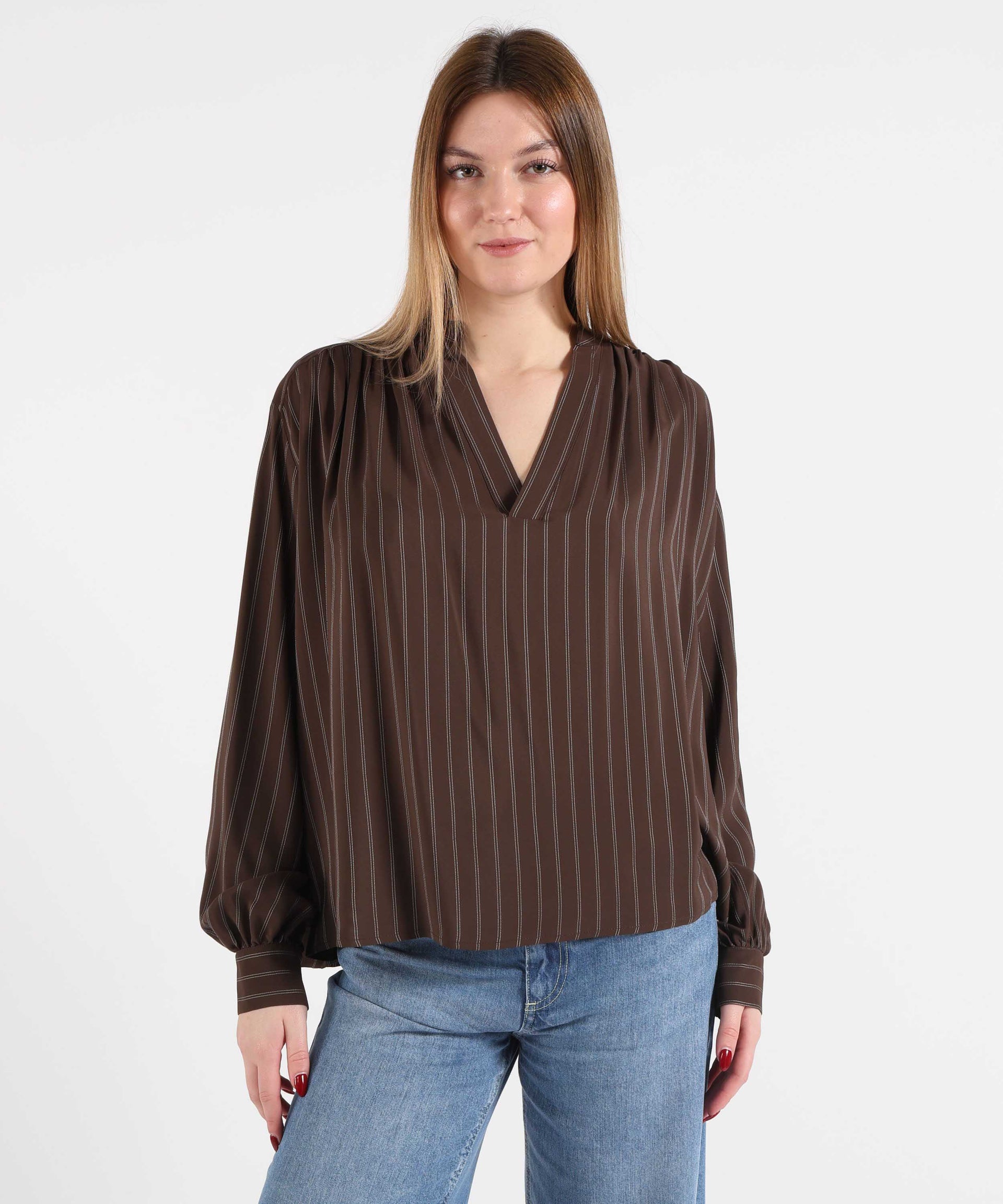 SEMICOUTURE Blusa Donna Casual in Misto Seta a Righe con Scollo a V