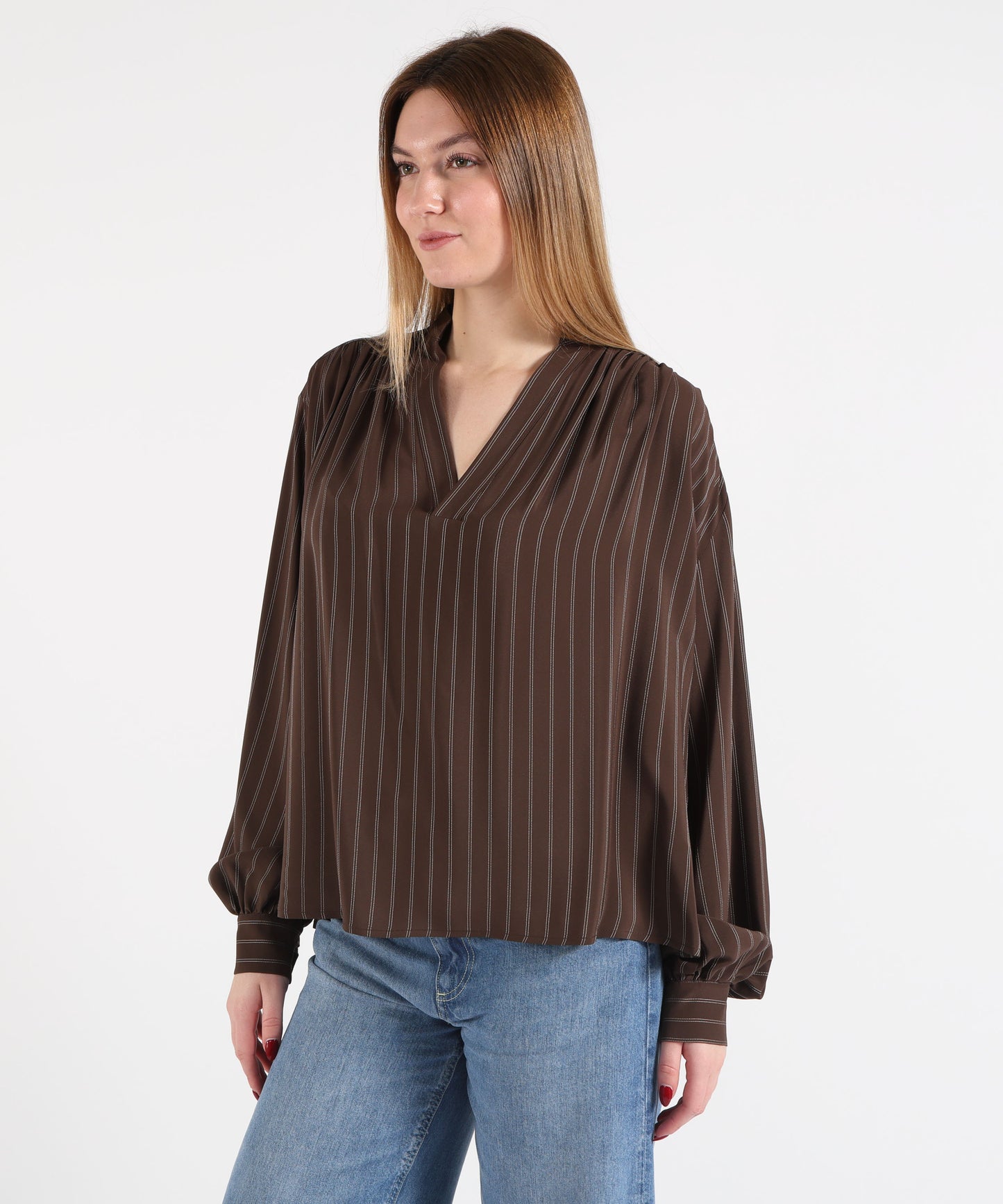 SEMICOUTURE Women’s Casual Striped Blouse in Silk Blend with V-Neck