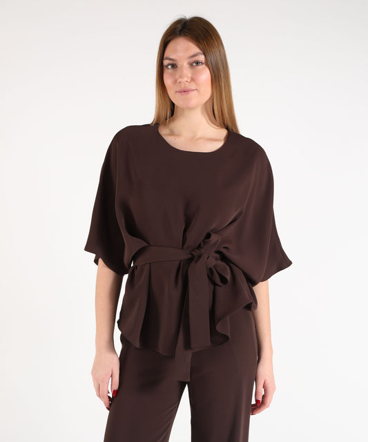 P.A.R.O.S.H. Blusa Donna Ampia con Scollo Tondo e Cintura in Tessuto