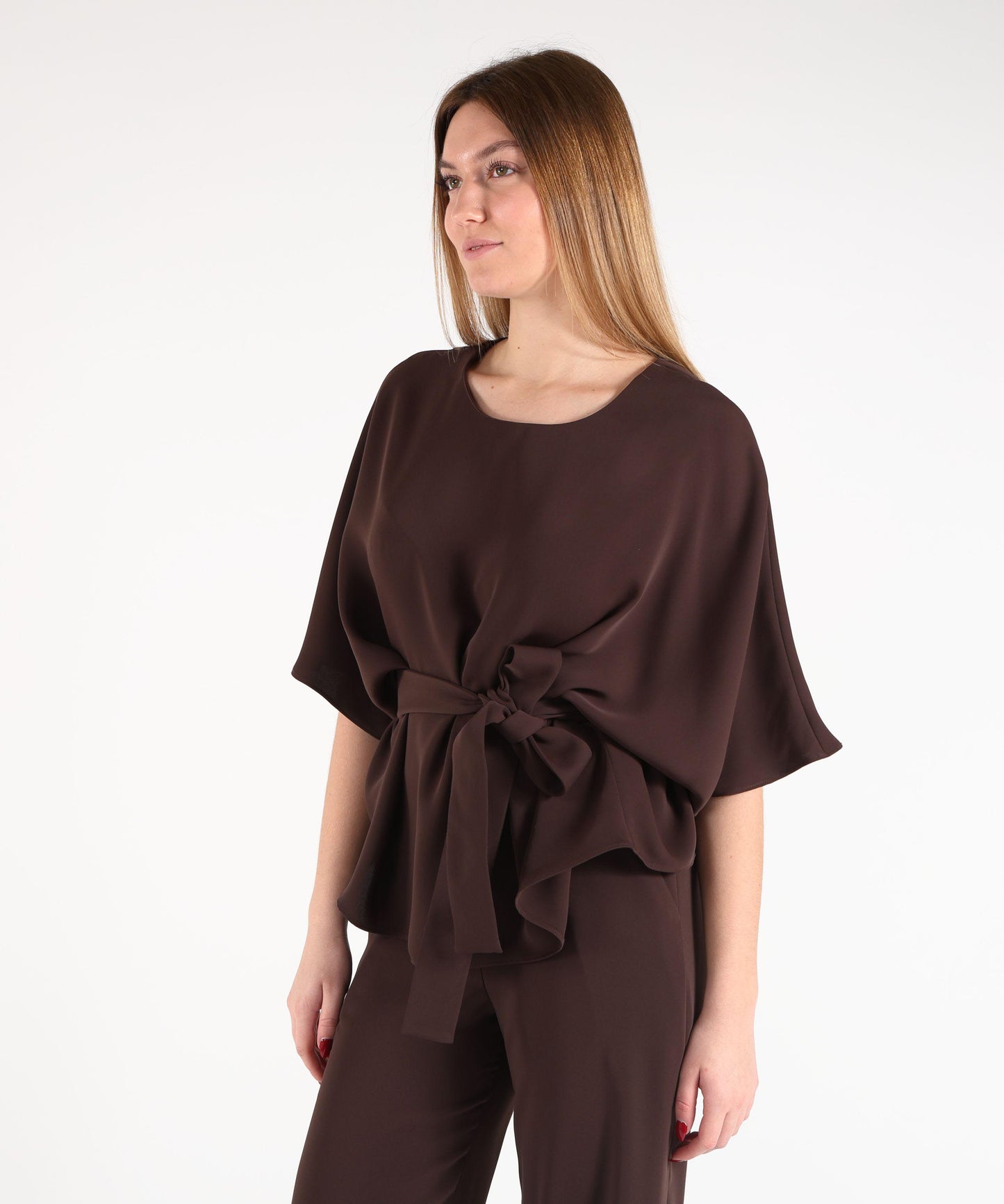 P.A.R.O.S.H. Blusa Donna Ampia con Scollo Tondo e Cintura in Tessuto