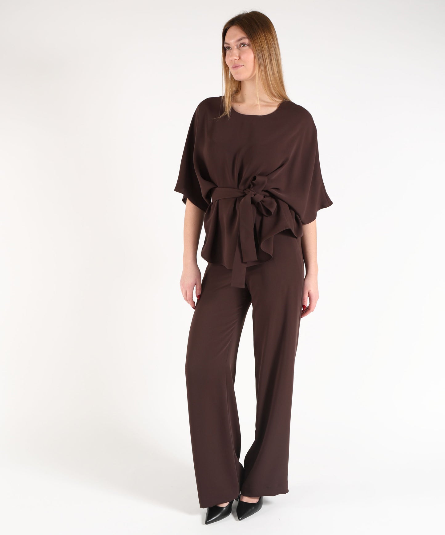 P.A.R.O.S.H. Blusa Donna Ampia con Scollo Tondo e Cintura in Tessuto