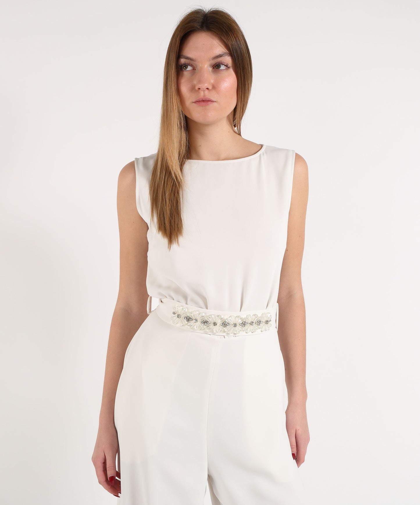 P.A.R.O.S.H. Women’s Wide-Leg Jumpsuit with Waistline Cut and Decorative Belt