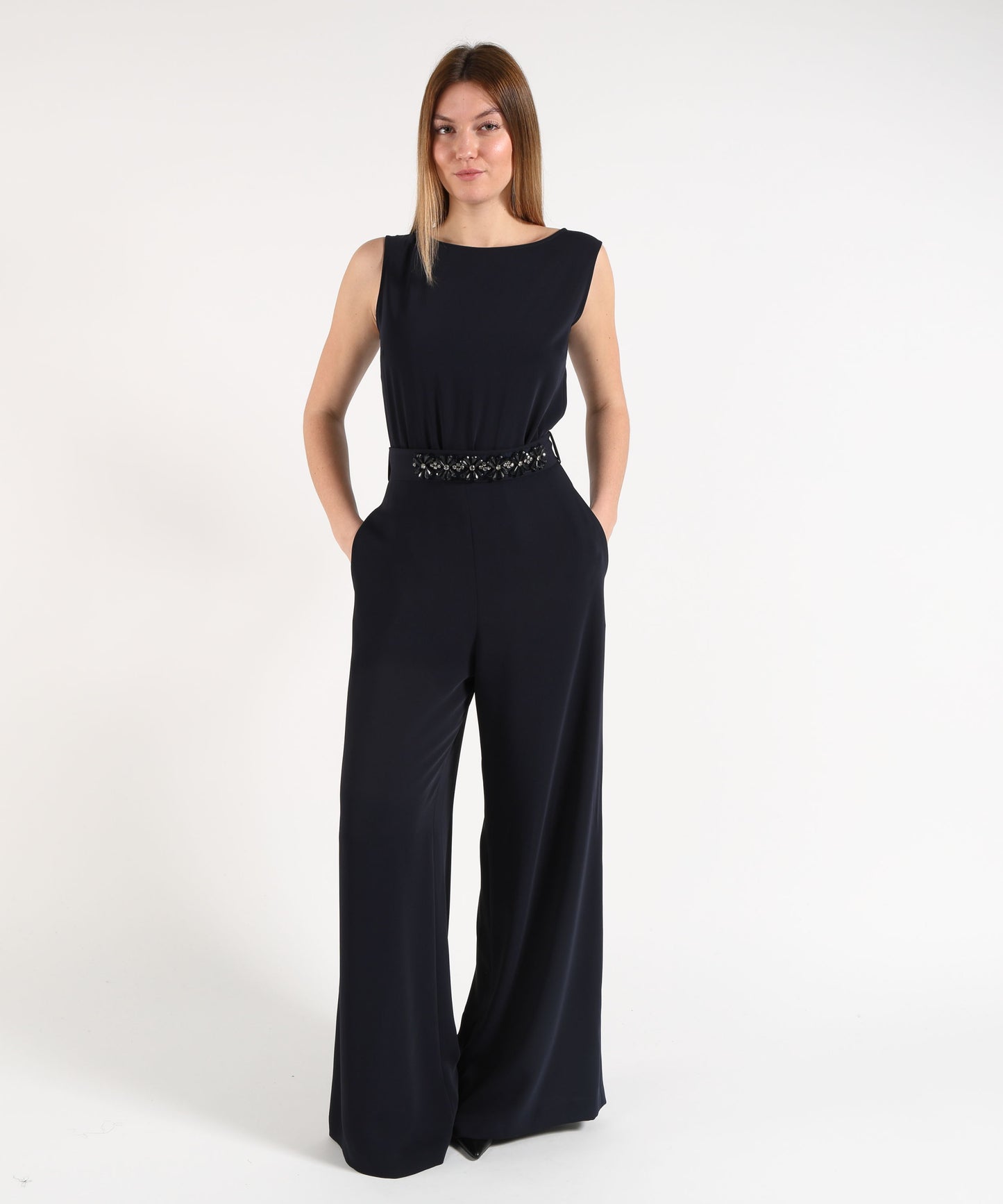 P.A.R.O.S.H. Women’s Wide-Leg Jumpsuit with Waistline Cut and Decorative Belt
