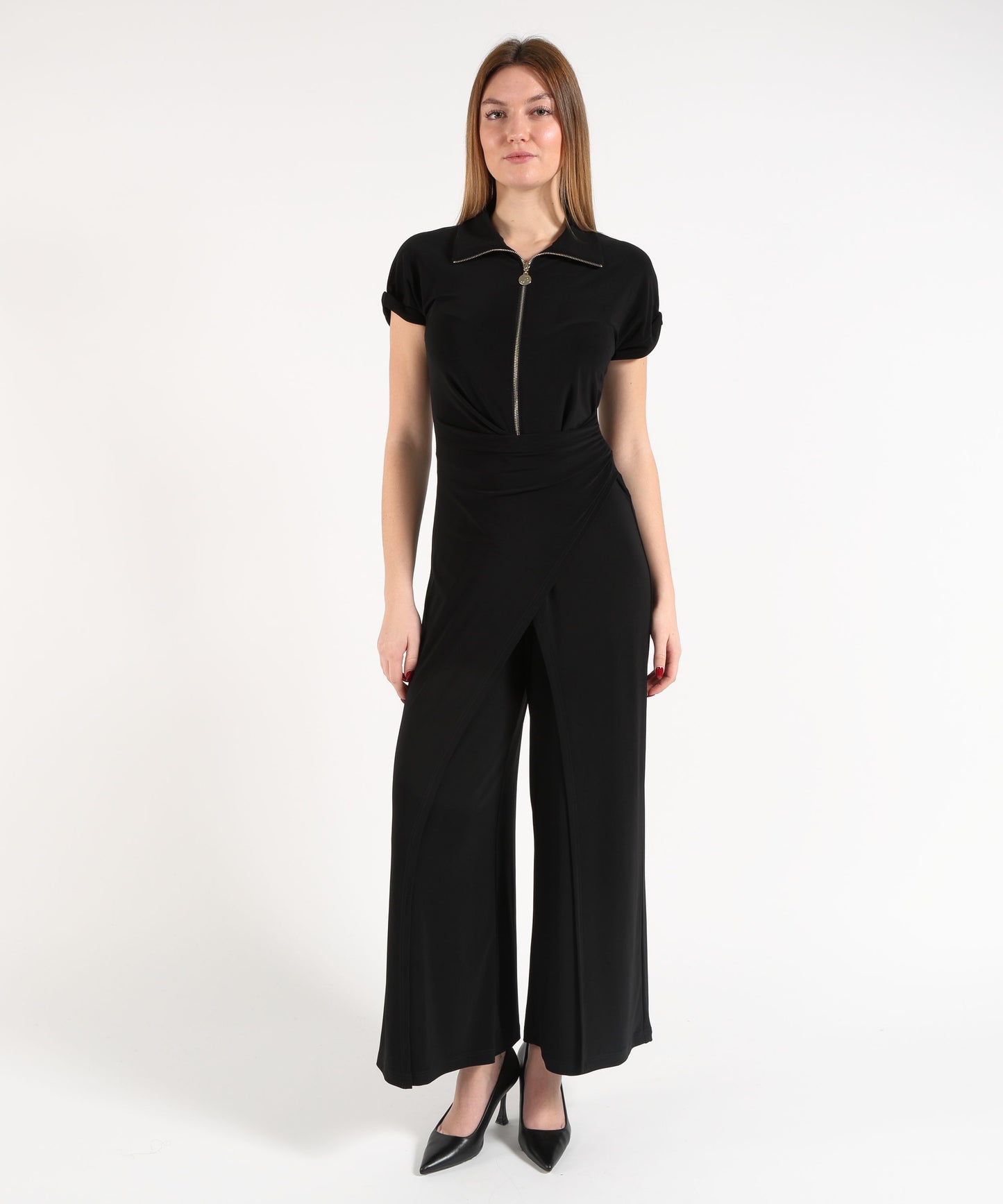 RIBKOFF Silk-effect knit culotte jumpsuit with gold zipper