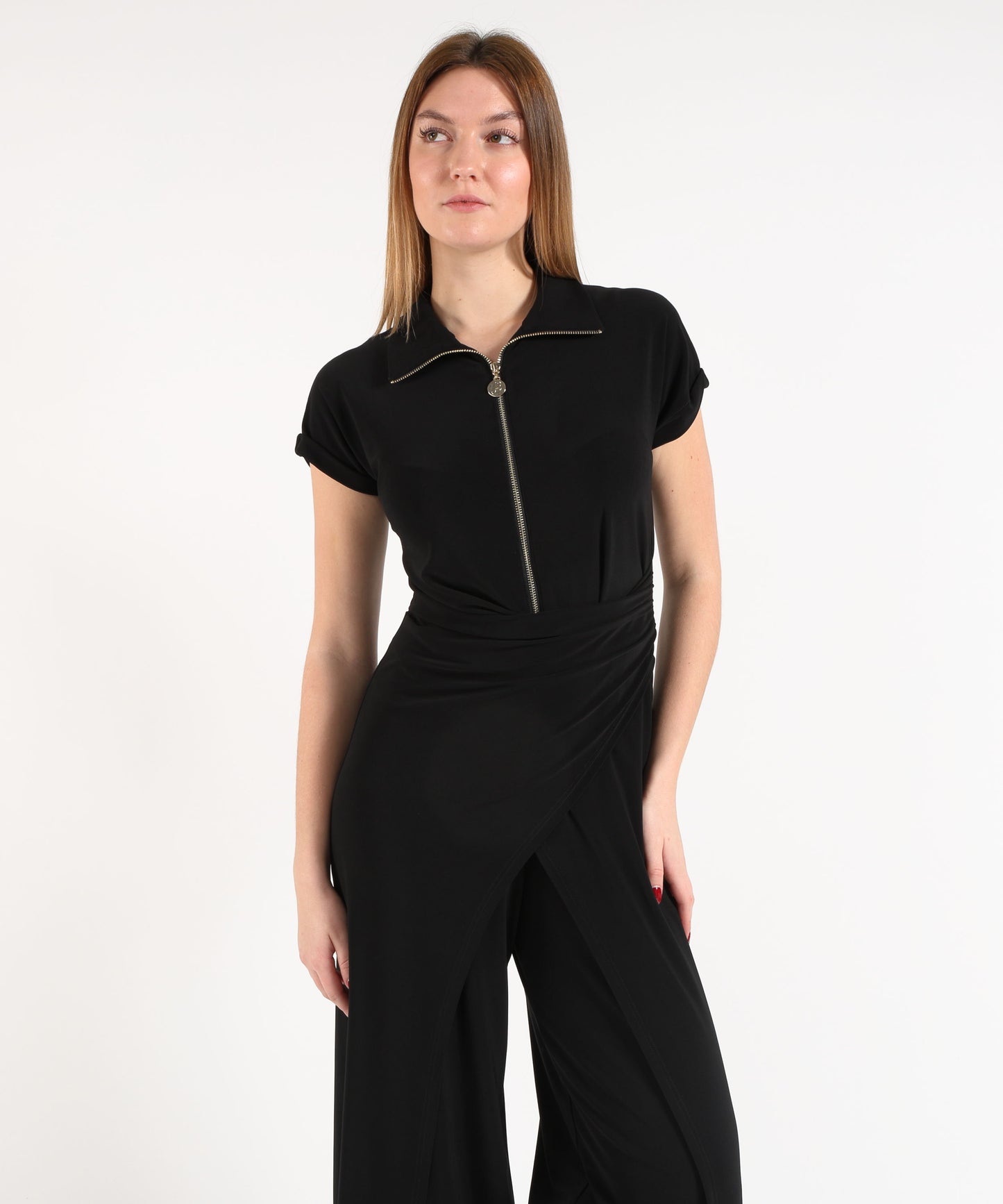 RIBKOFF Silk-effect knit culotte jumpsuit with gold zipper