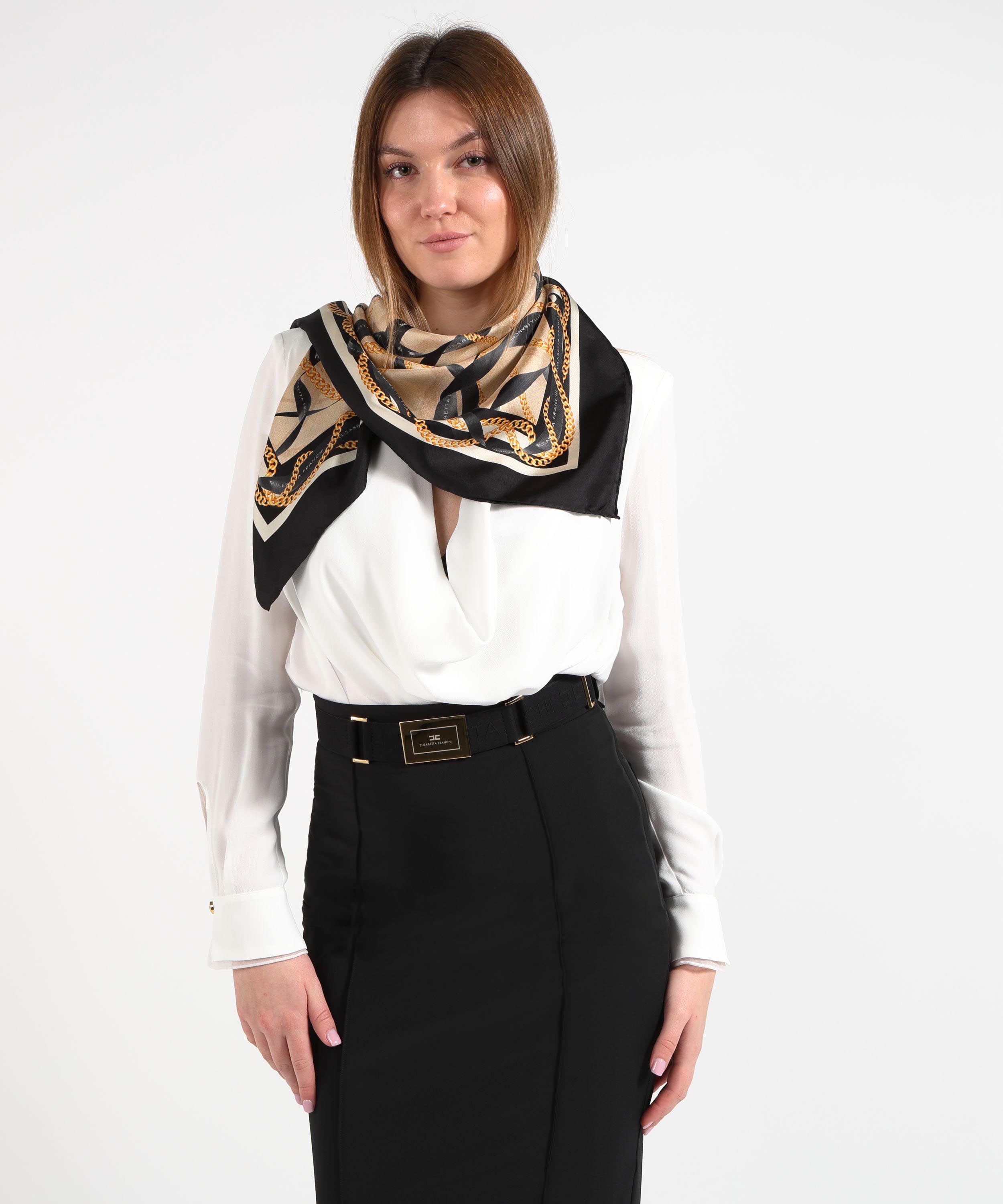 ELISABETTA FRANCHI Silk twill scarf with ribbon and chain print