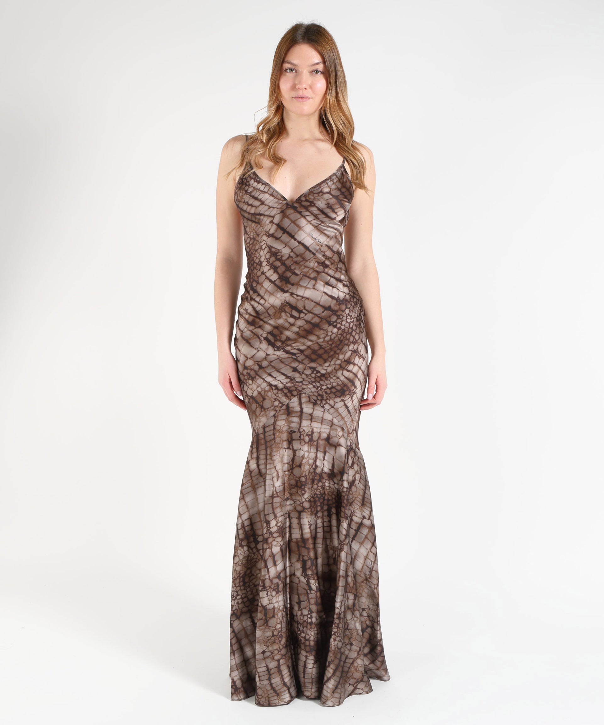 ELISABETTA FRANCHI Abito Red Carpet in raso stretch con stampa alligatore