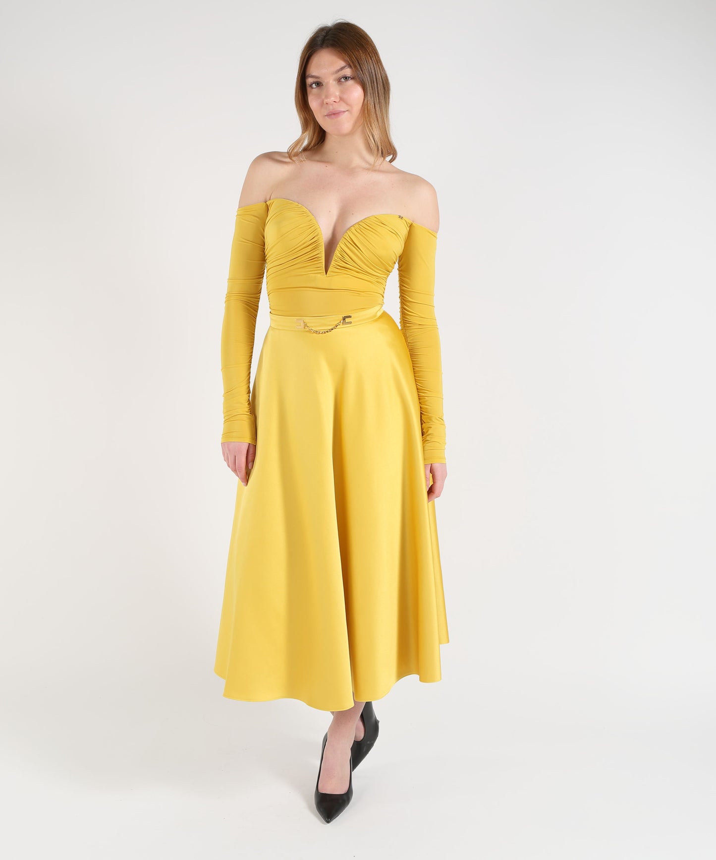 ELISABETTA FRANCHI Gonna in duchesse con logo gioiello